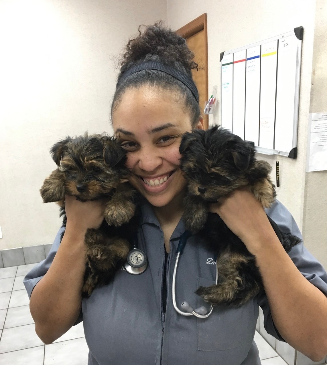 Dr. Whitney Hale holding two puppies